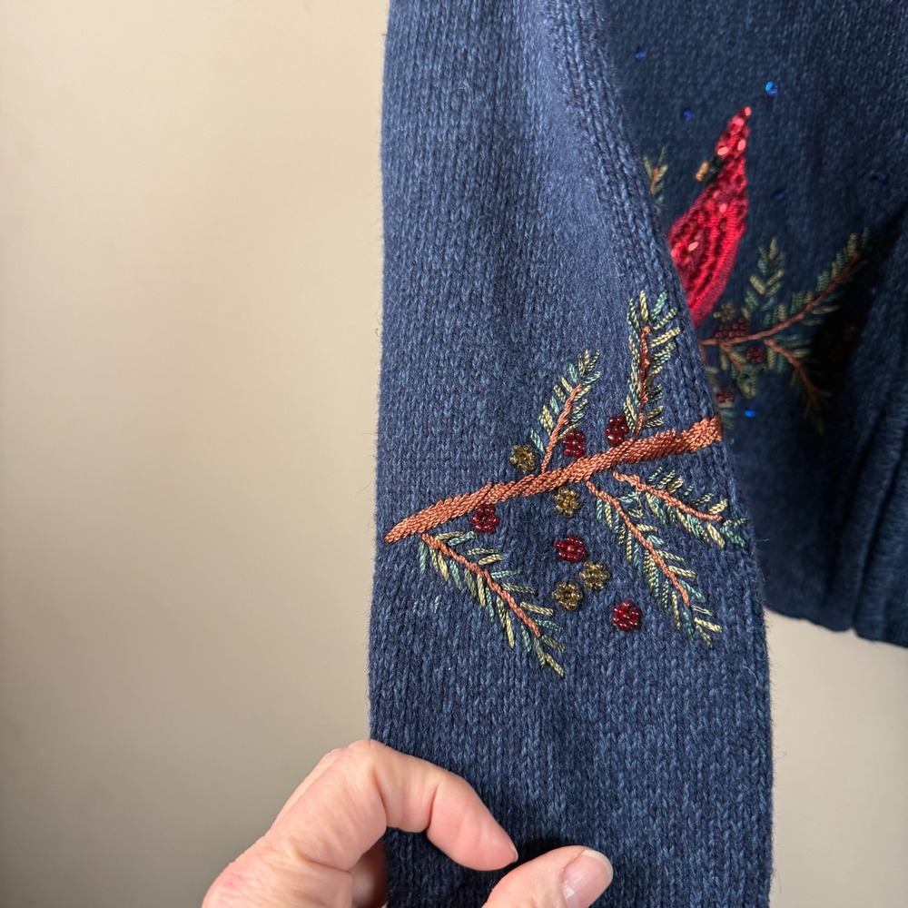 Heirloom Collectibles Embroidered Sequin Cardinal Full Zip Cardigan Sweater L - Picture 8 of 9